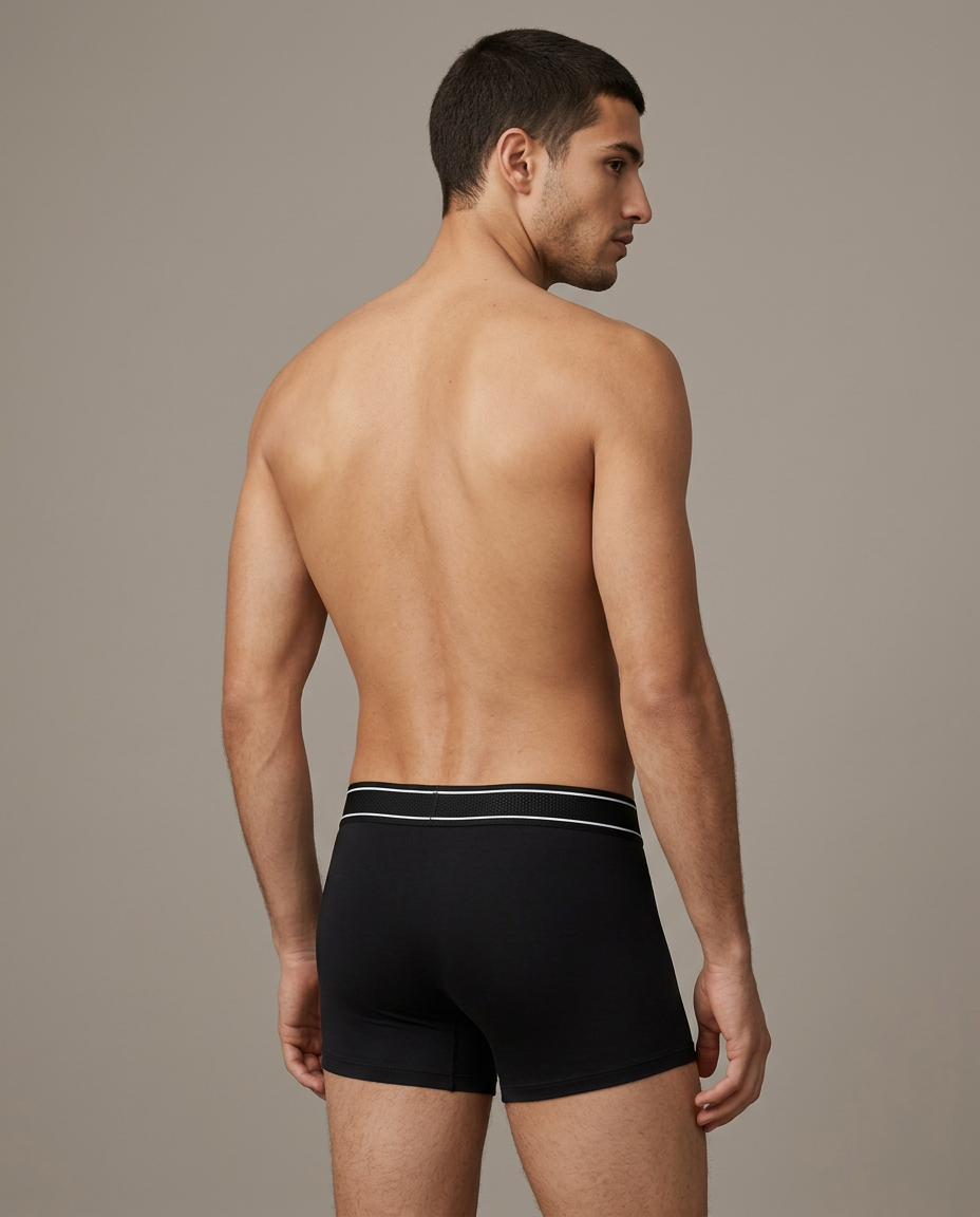 Homme portant le boxer anatomique FRØAMY 3D noir, vue de dos