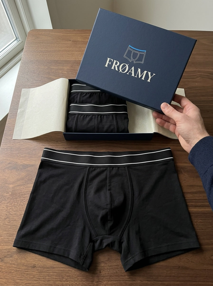 Coffret FRØAMY ouvert, trois Boxers 3D noirs à l’intérieur