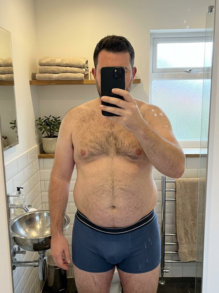 Homme portant le Boxer 3D FRØAMY bleu acier, salle de bain, taille XXL