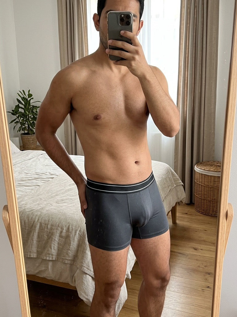 Homme portant le Boxer 3D FRØAMY gris anthracite, chambre, taille M